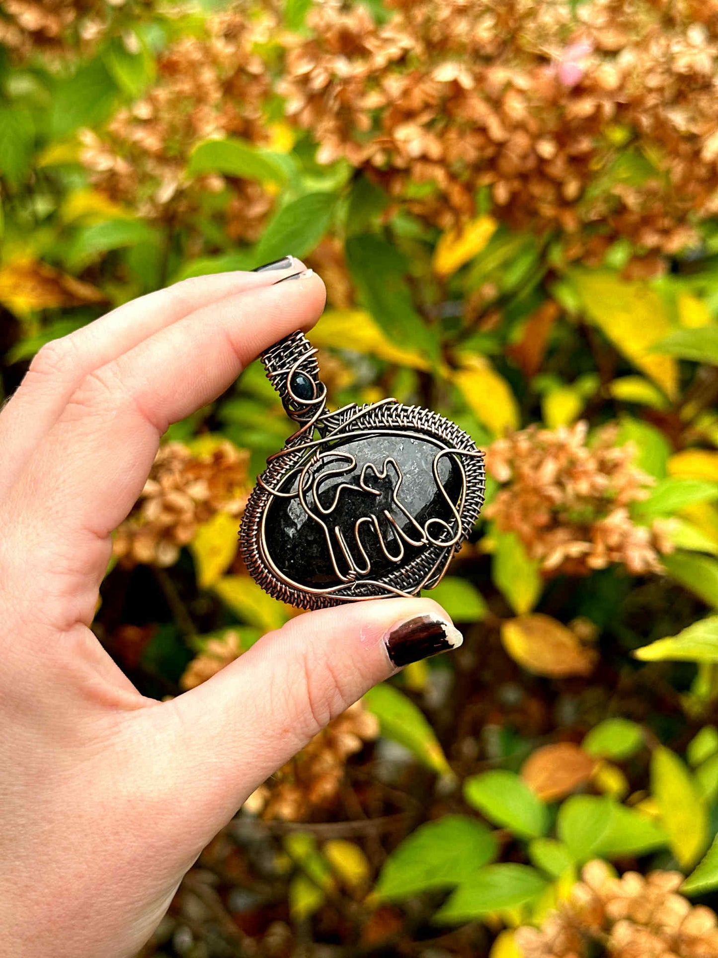 Black Cat Black Onyx & Black Mexican Opal Accent Crystal Copper Pendant