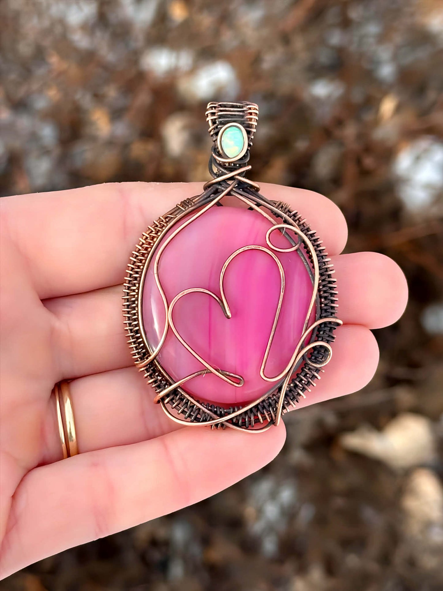 Heart Pink Opal & Opal Accent Crystal Copper Pendant