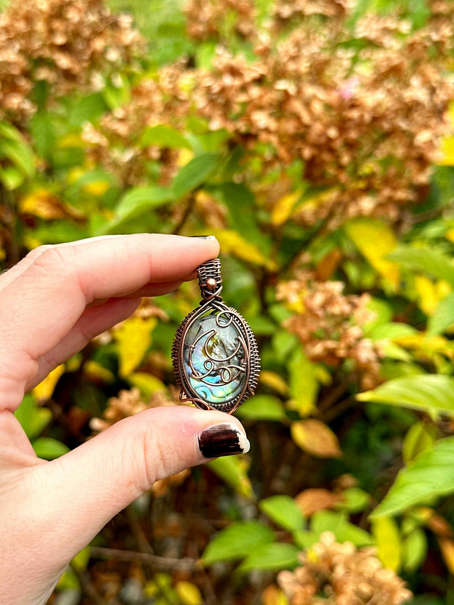 Crescent Moon Abalone Shell Crystal Copper Pendant