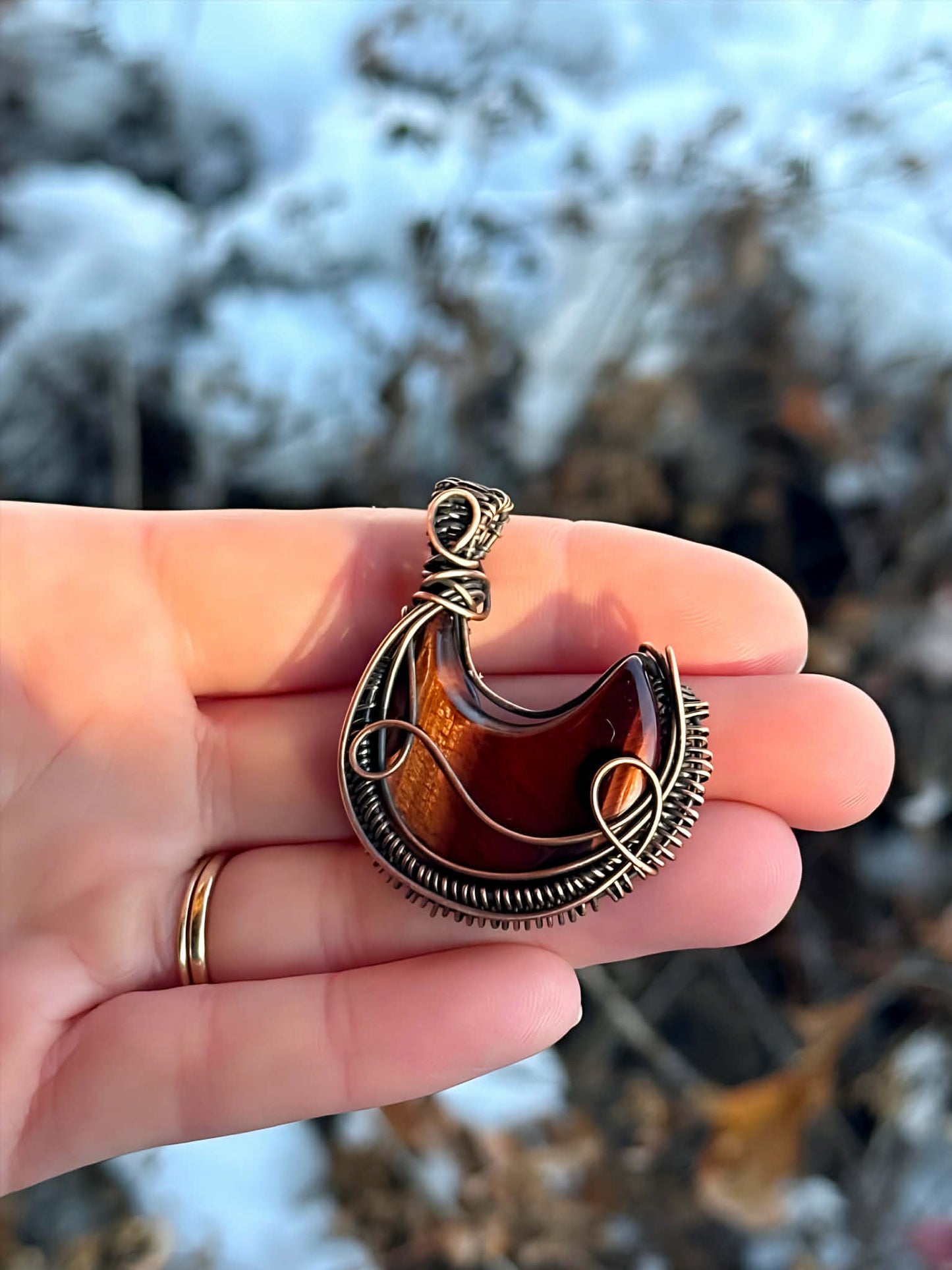 Crescent Moon Red Tigers Eye Crystal Copper Pendant
