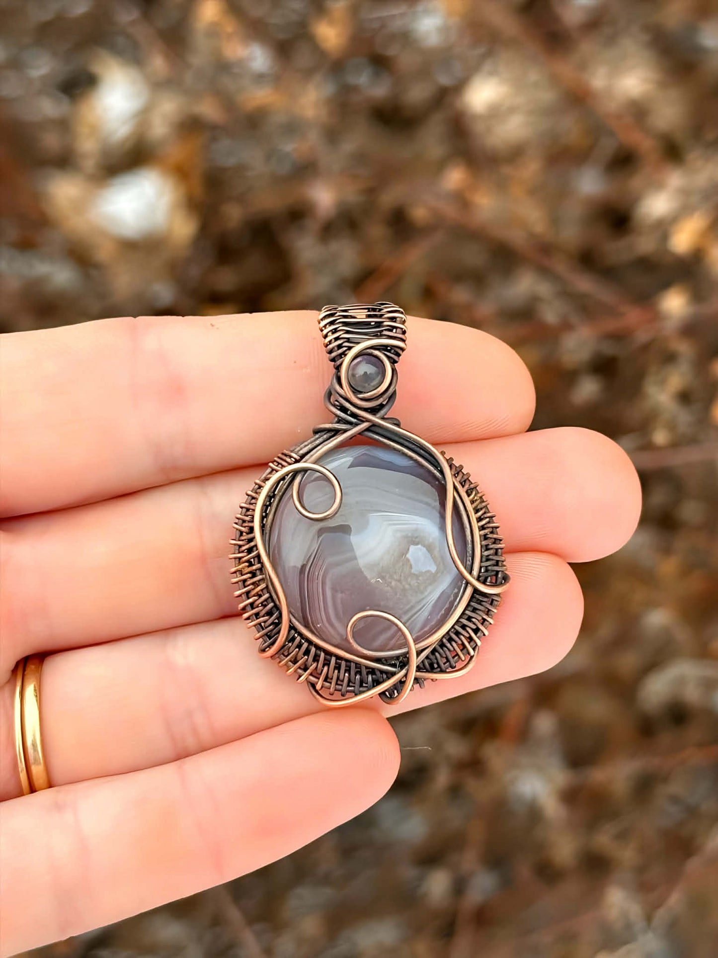 Grey Banded Agate & Clear Quartz Accent Crystal Copper Pendant