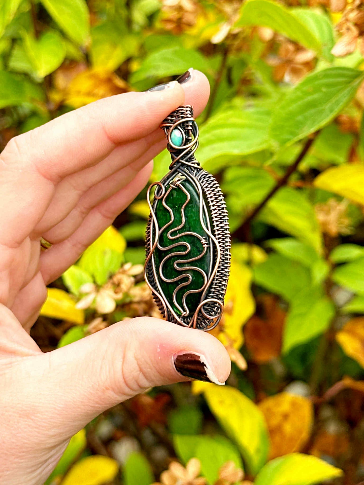 Serpent Green Labradorite & Opal Accent Crystal Copper Pendant