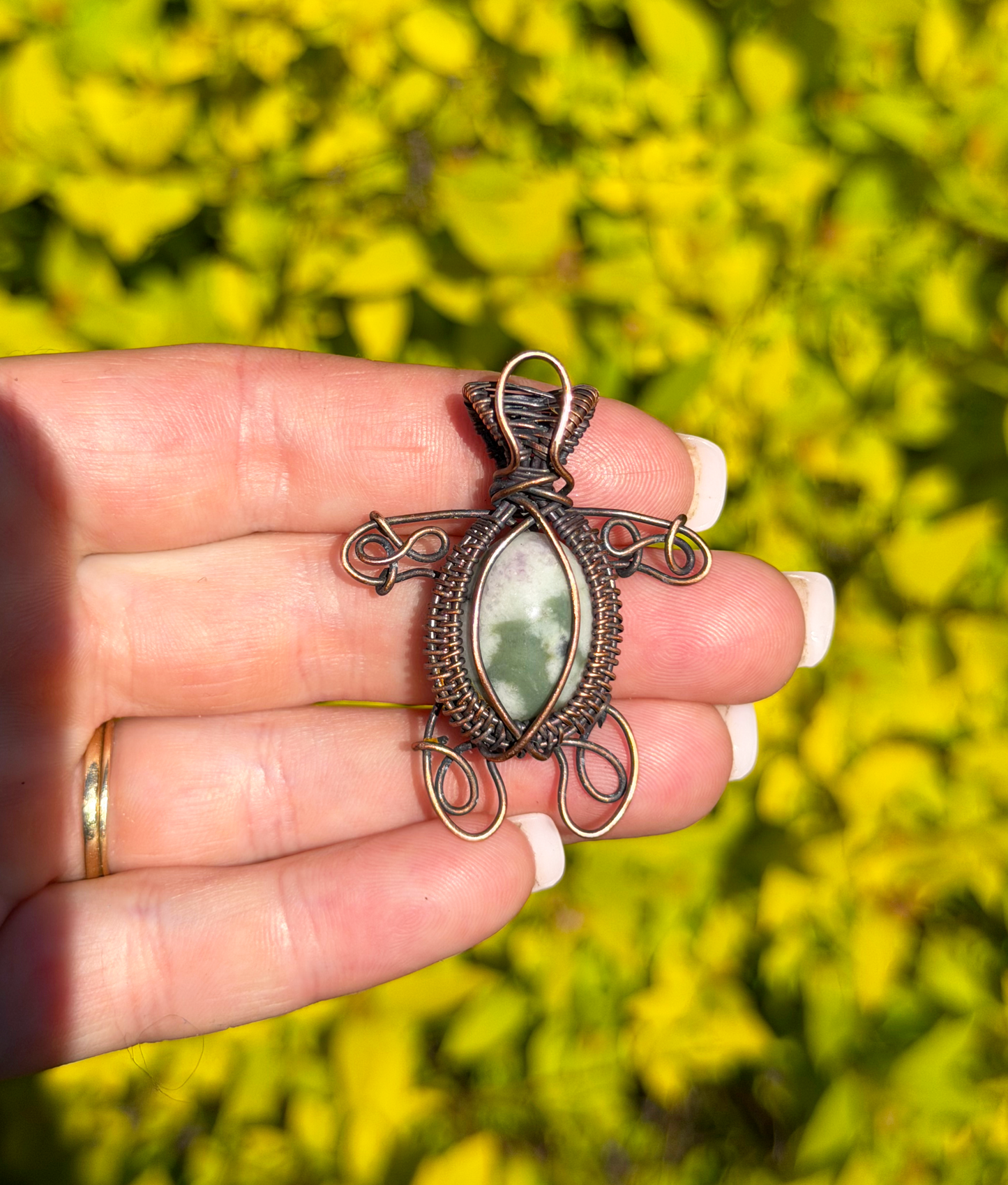 Turtle Green Spotted Jasper Crystal Copper Pendant