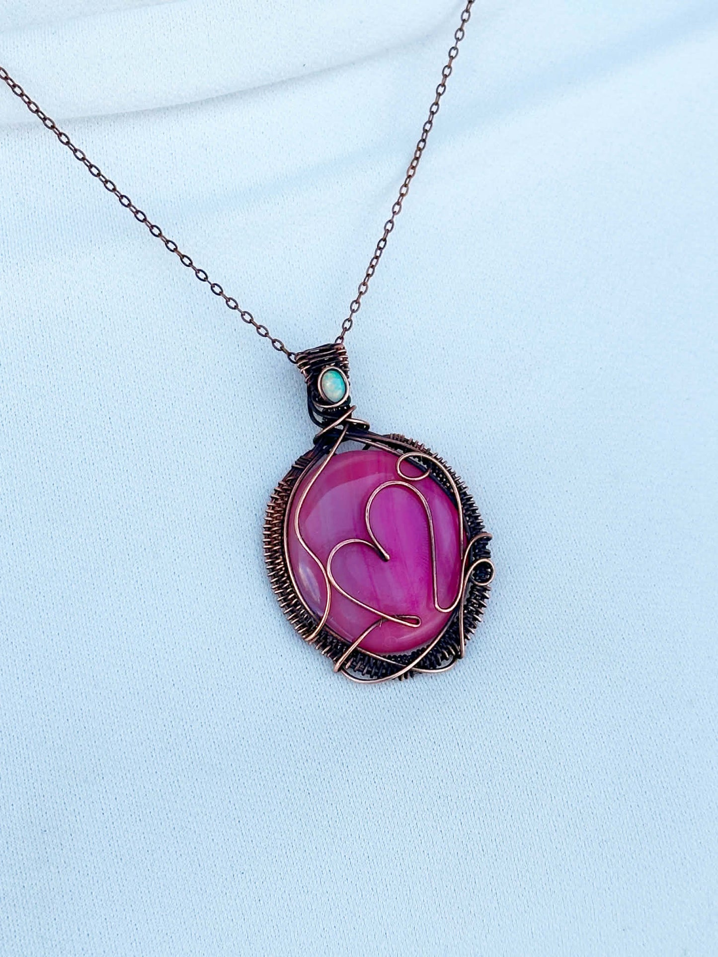 Heart Pink Opal & Opal Accent Crystal Copper Pendant