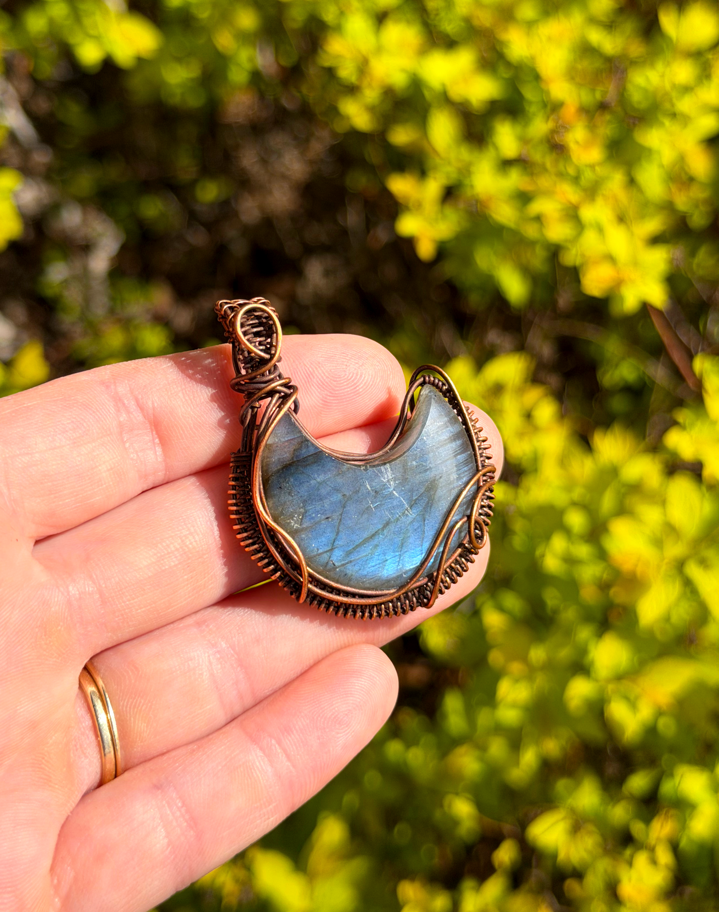 Crescent Moon Blue Labradorite Crystal Copper Pendant