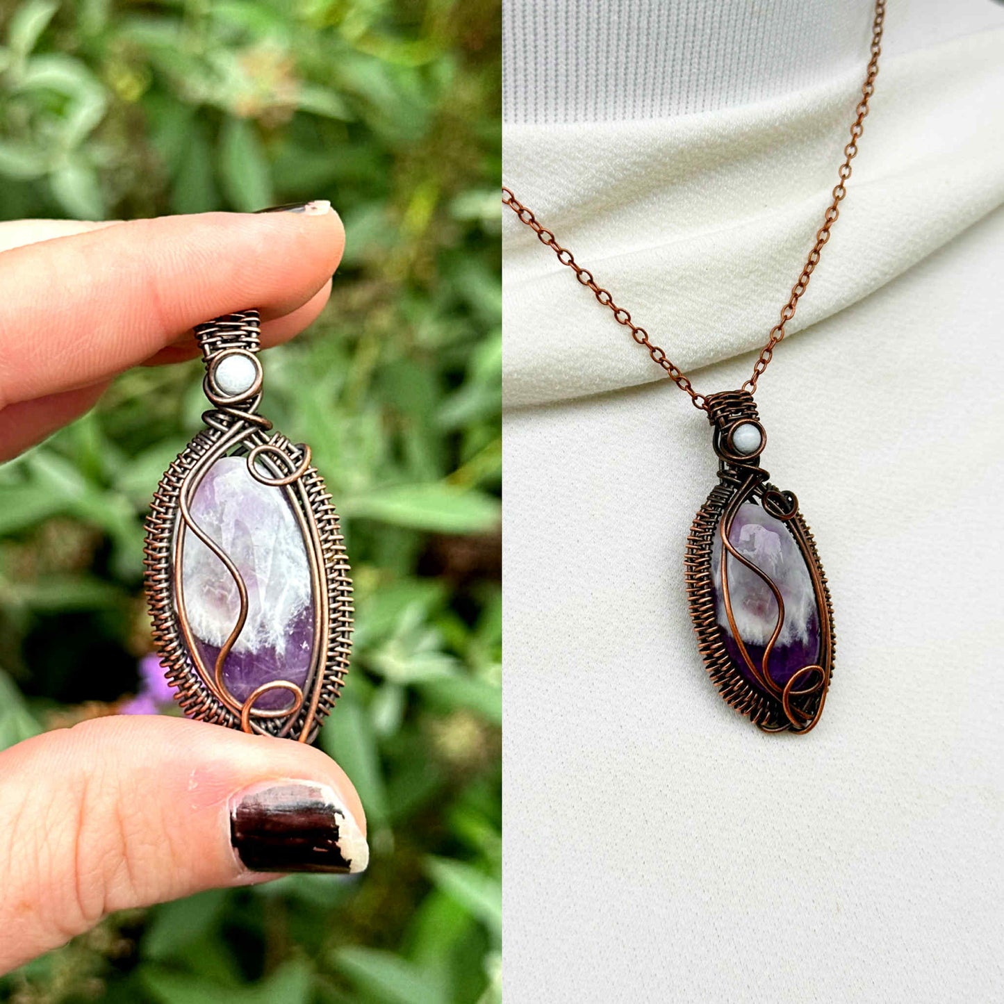 Amethyst Chevron & White Jade Accent Crystal Copper Pendant