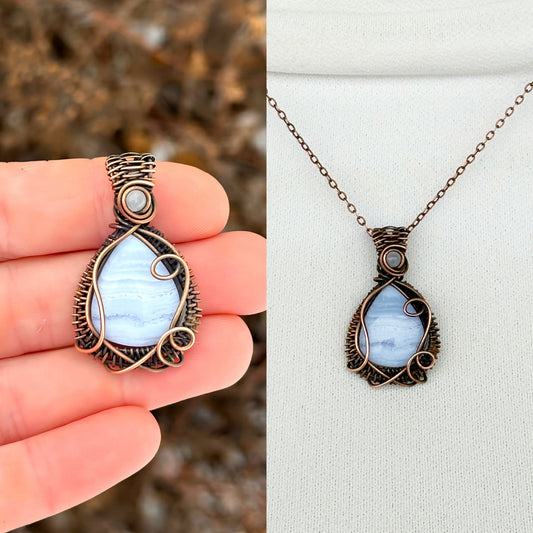 Blue Lace Agate & Clear Quartz Accent Crystal Copper Pendant