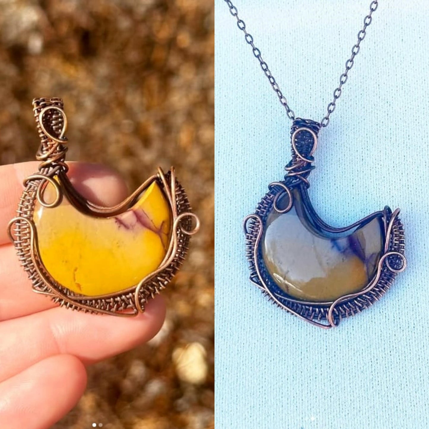 Crescent Moon Picture Jasper Crystal Copper Pendant