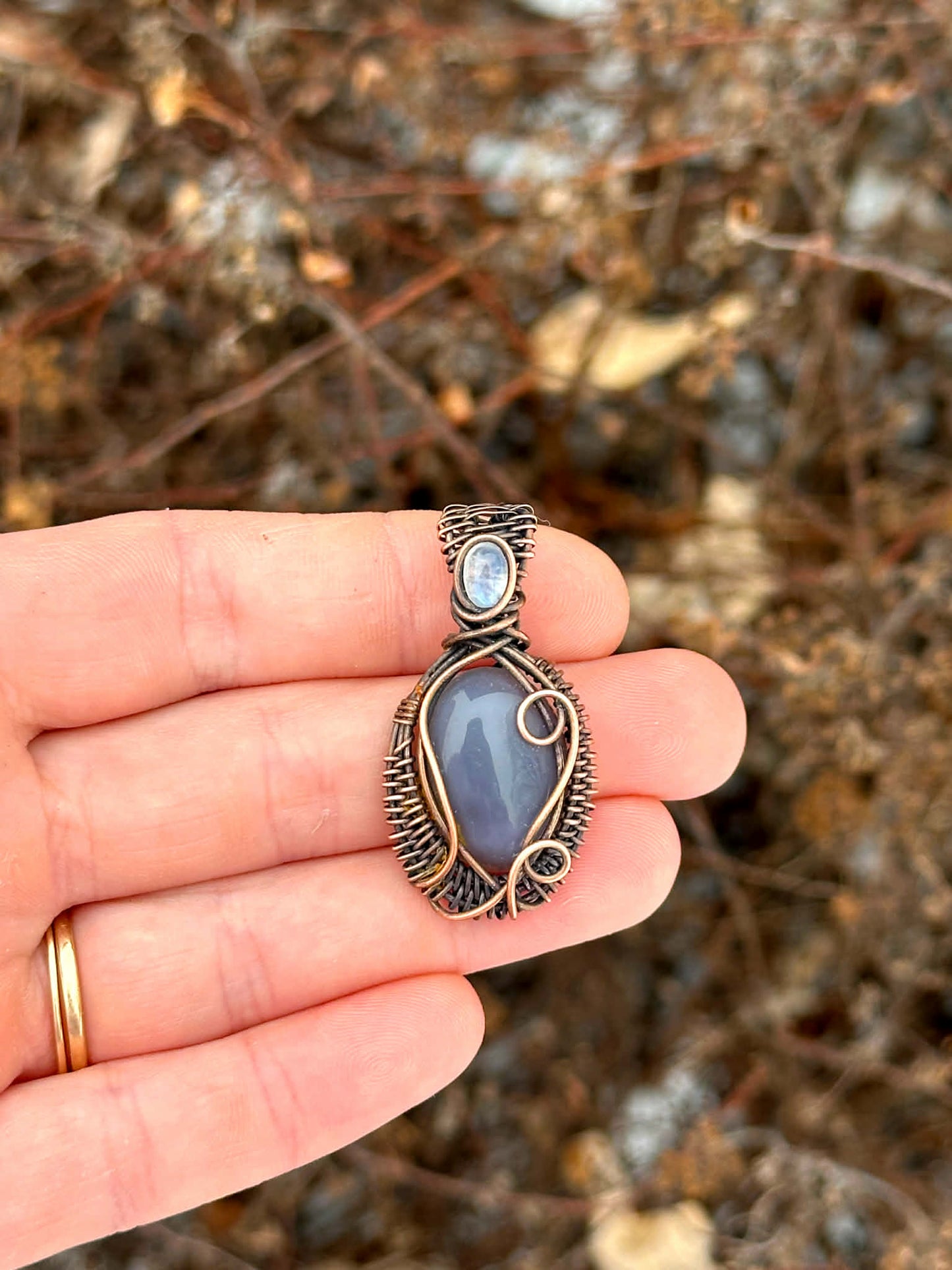 Mini Grey Agate & Rainbow Moonstone Accent Crystal Copper Pendant