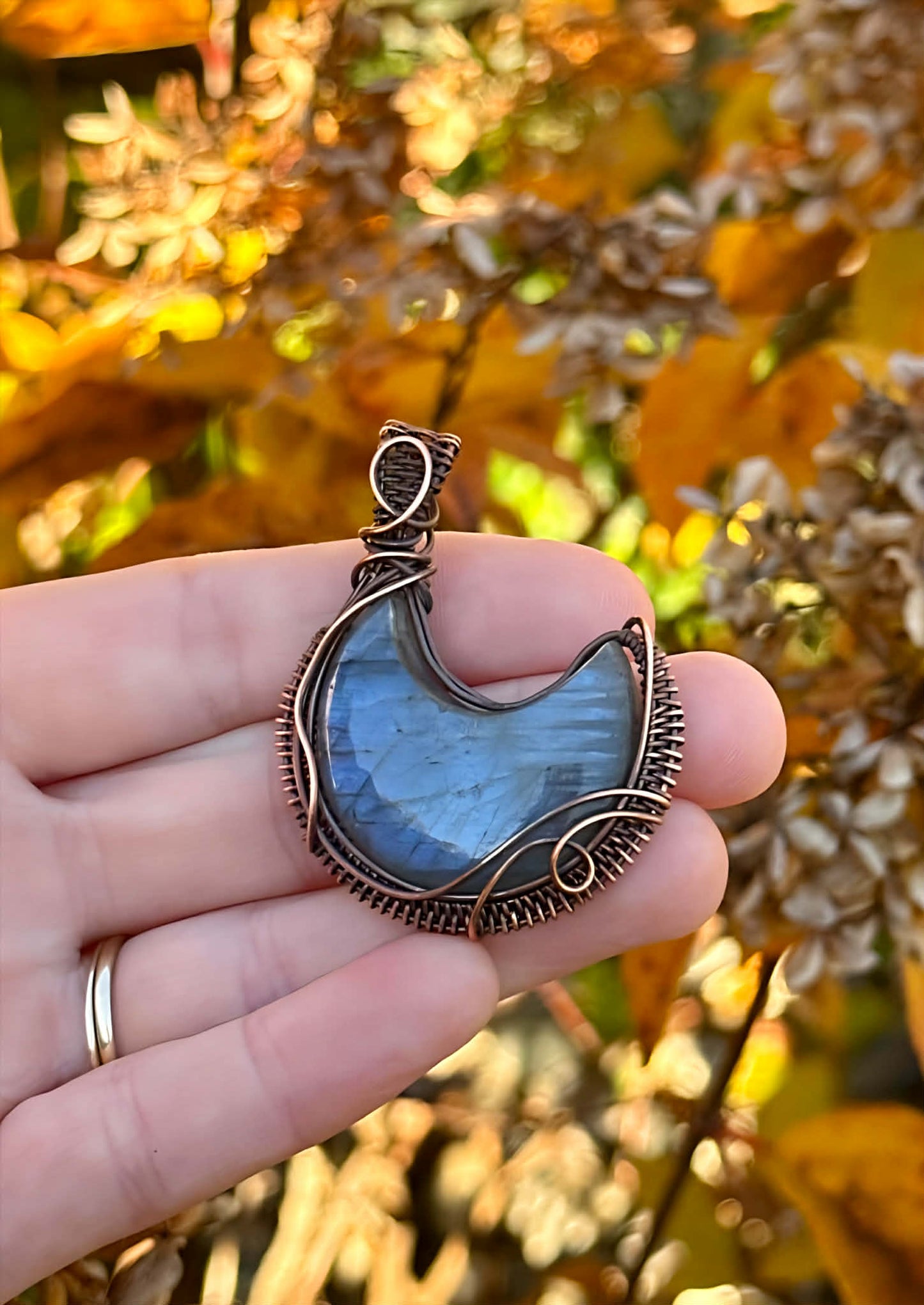Crescent Moon Blue Labradorite Crystal Copper Pendant