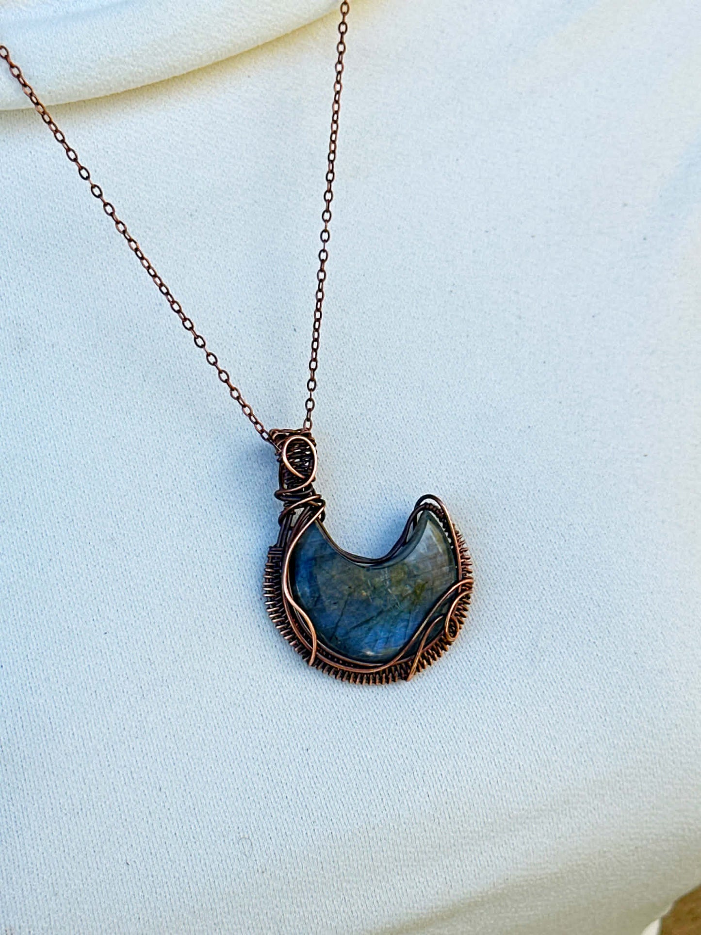 Crescent Moon Blue Labradorite Crystal Copper Pendant