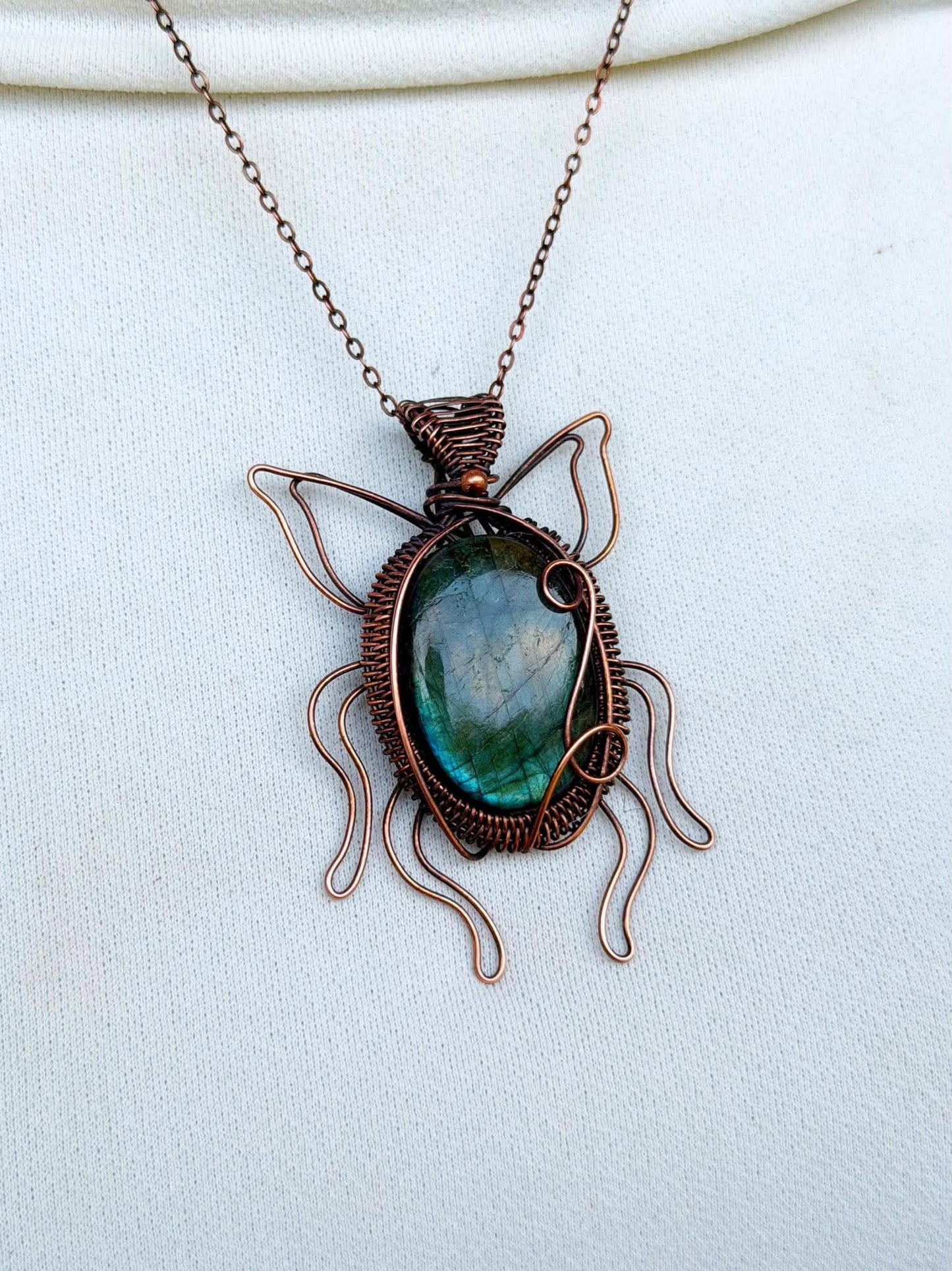 Green June Beetle Labradorite Crystal Copper Pendant