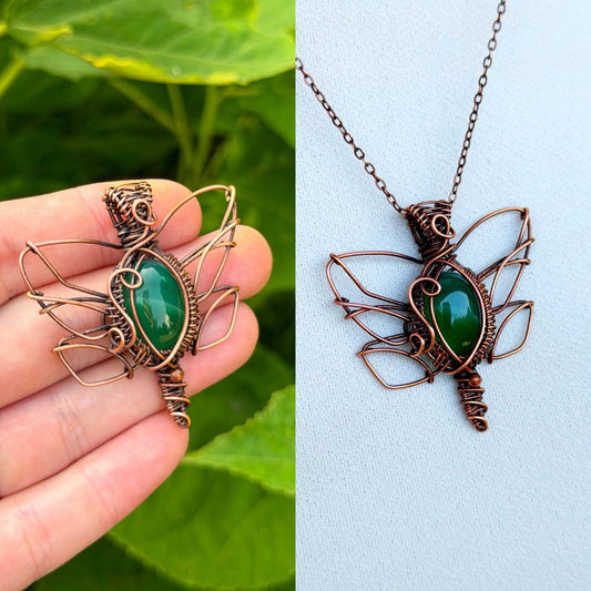 Dragon Fly Green Aventurine Crystal Copper Pendant