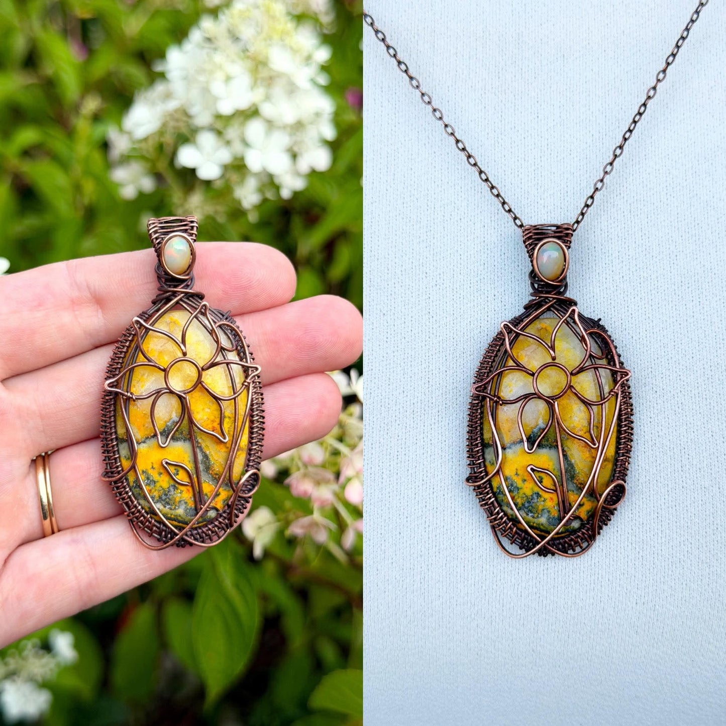 Sunflower Bumble Bee Jasper with Opal Accent Crystal Copper Pendant