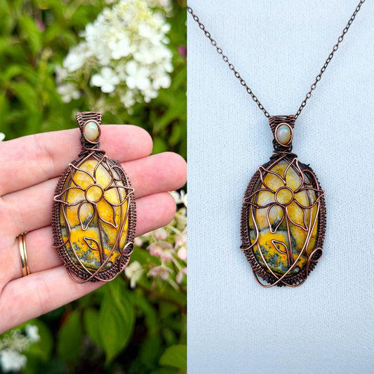Sunflower Bumble Bee Jasper with Opal Accent Crystal Copper Pendant