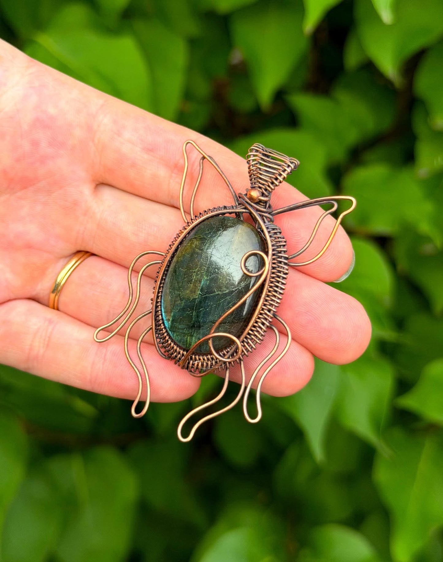 Green June Beetle Labradorite Crystal Copper Pendant