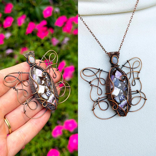 Purple Emperor Butterfly Tiffany Stone with Opal Accent Crystal Copper Pendant