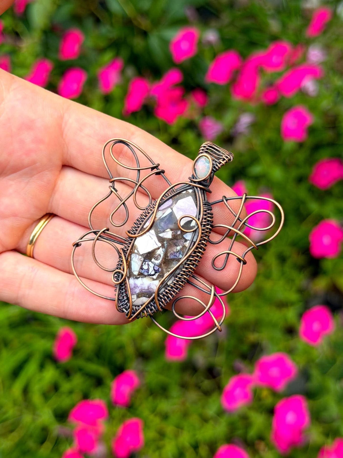 Purple Emperor Butterfly Tiffany Stone with Opal Accent Crystal Copper Pendant