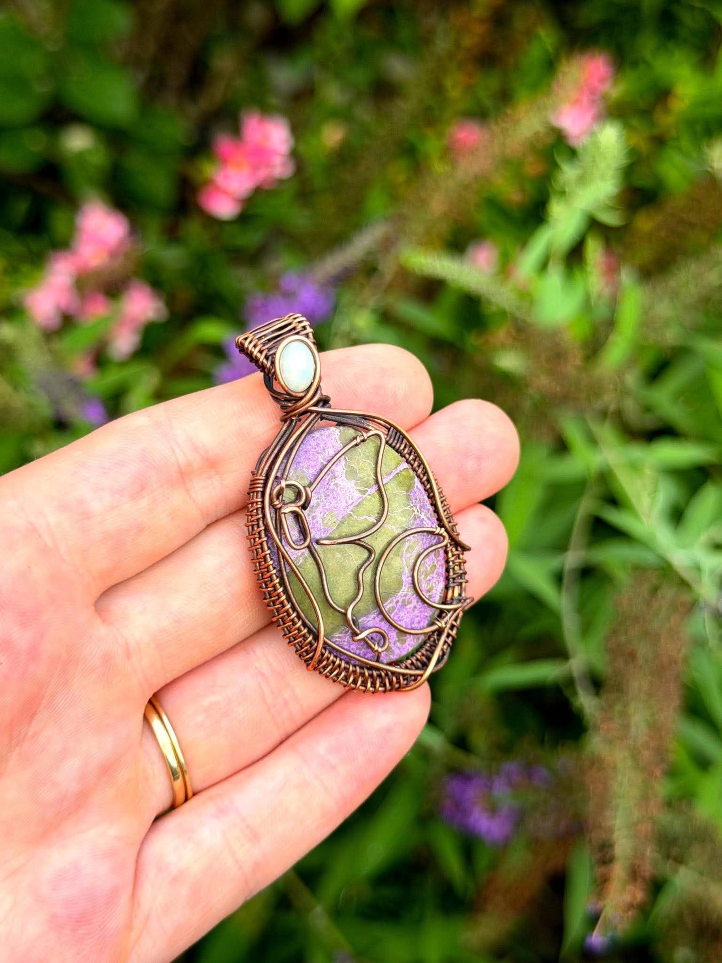 Luna Moth & Crescent Moon Purple & Green Stichtite with Opal Accent Crystal Copper Pendant