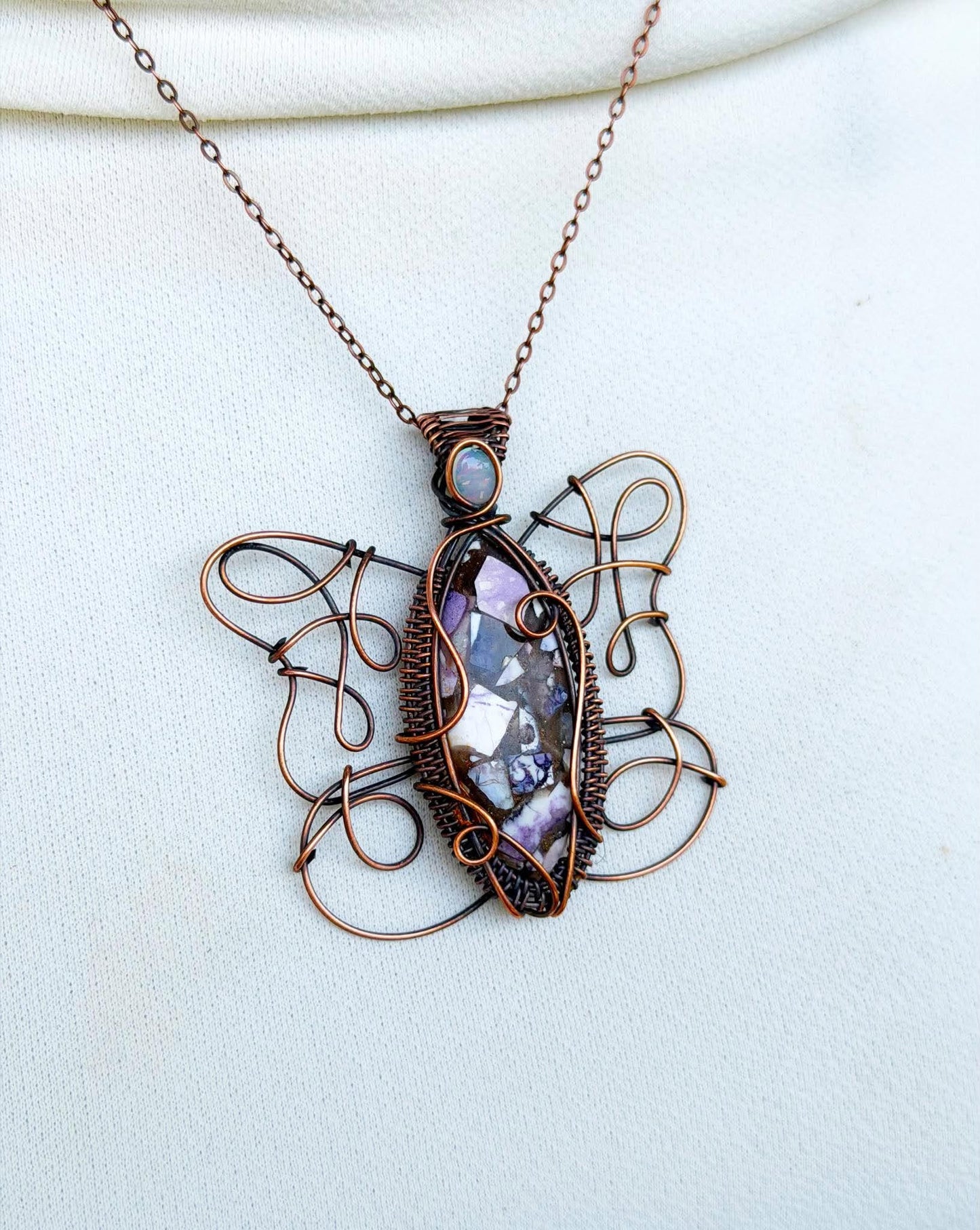 Purple Emperor Butterfly Tiffany Stone with Opal Accent Crystal Copper Pendant