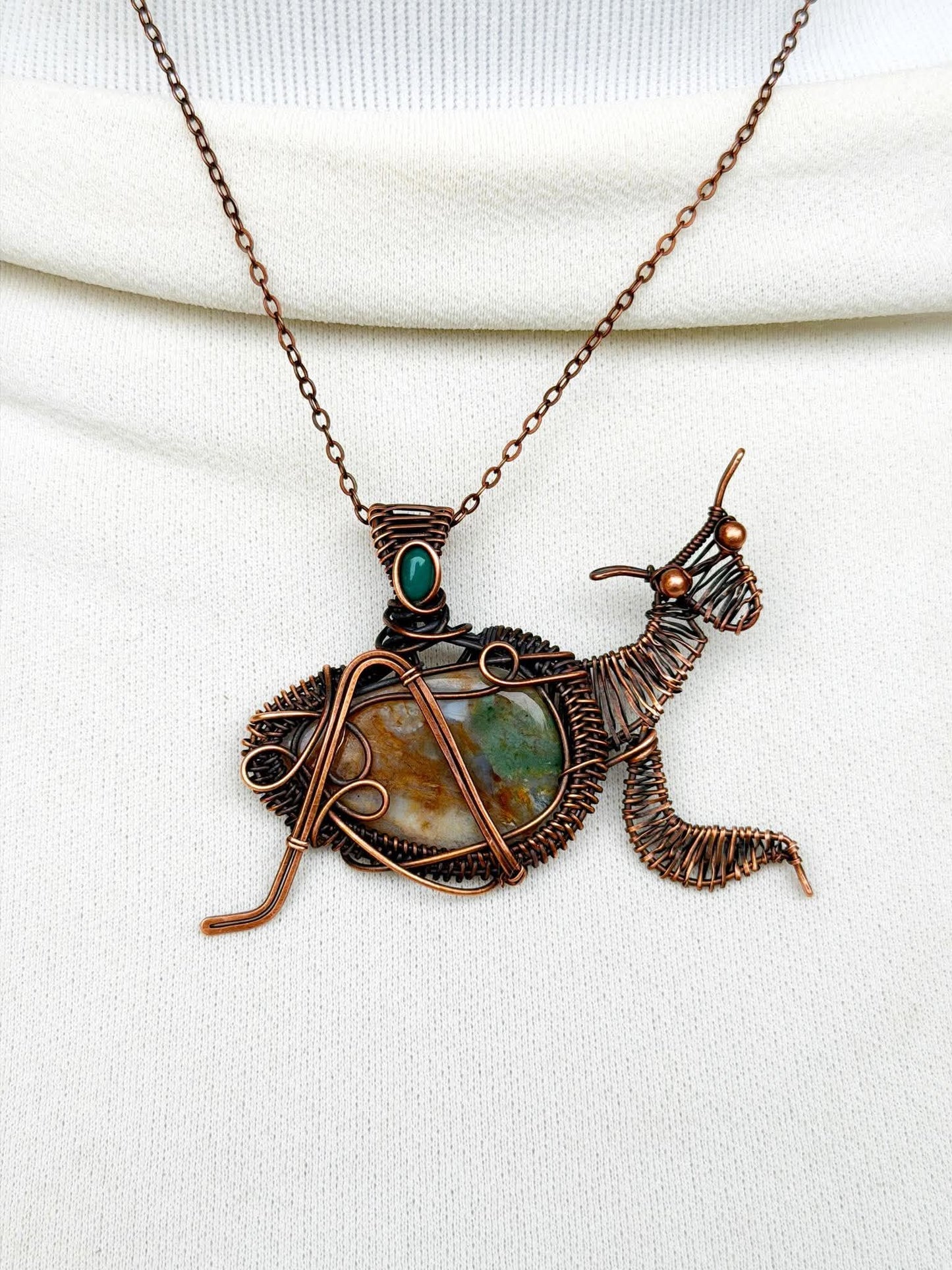 Praying Mantis Moss Agate with Emerald Accent Crystal Copper Pendant
