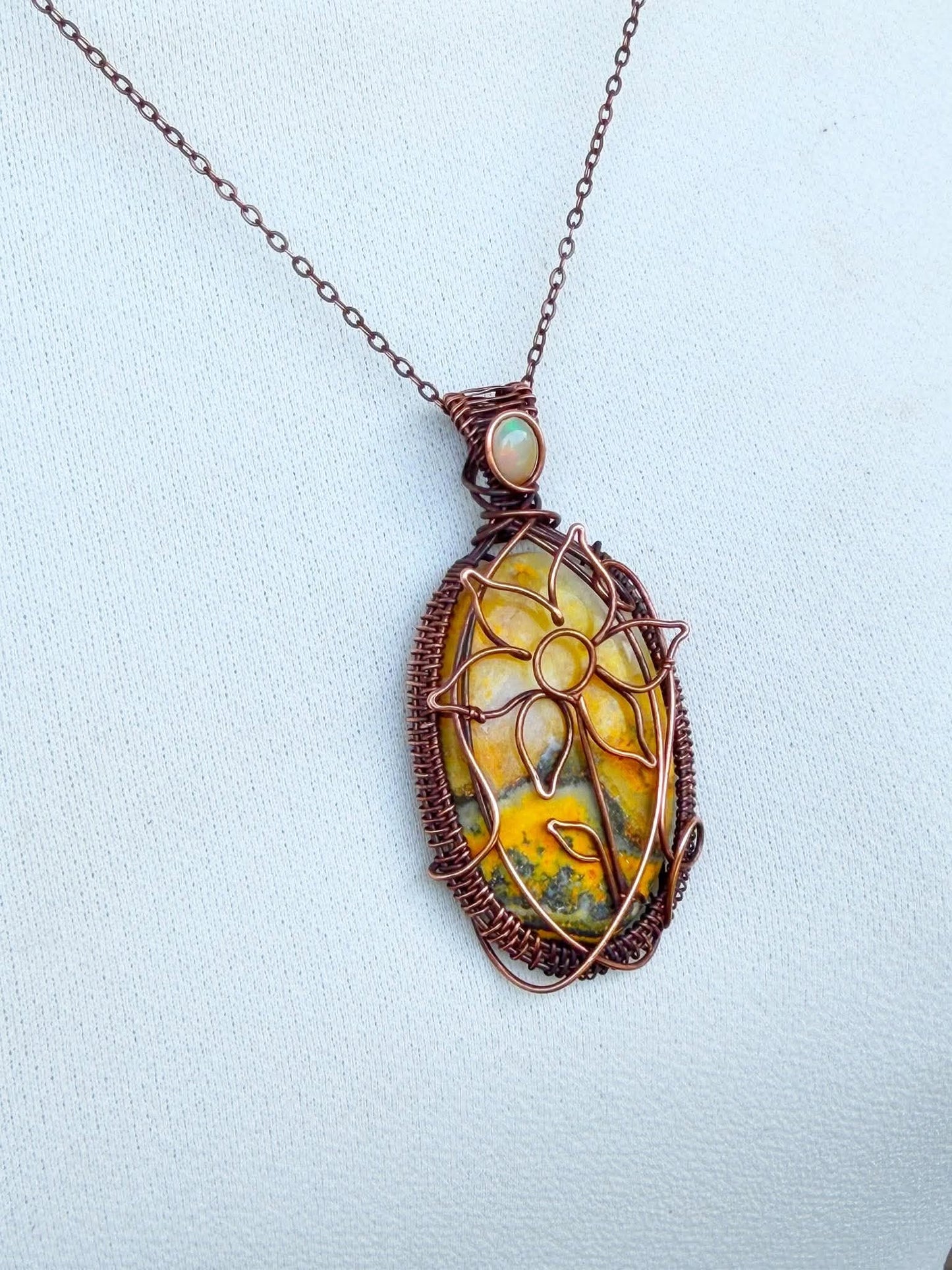 Sunflower Bumble Bee Jasper with Opal Accent Crystal Copper Pendant