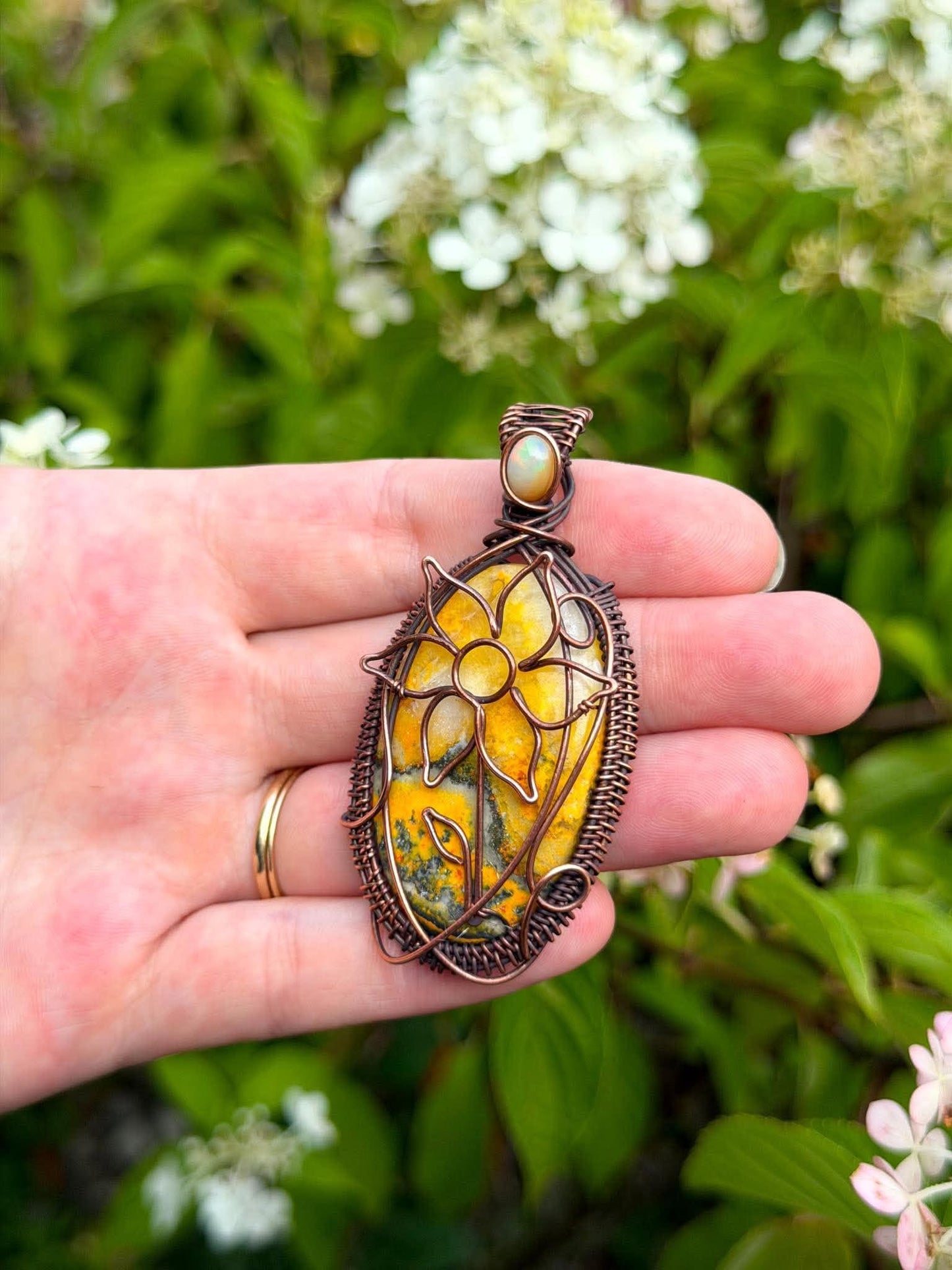 Sunflower Bumble Bee Jasper with Opal Accent Crystal Copper Pendant