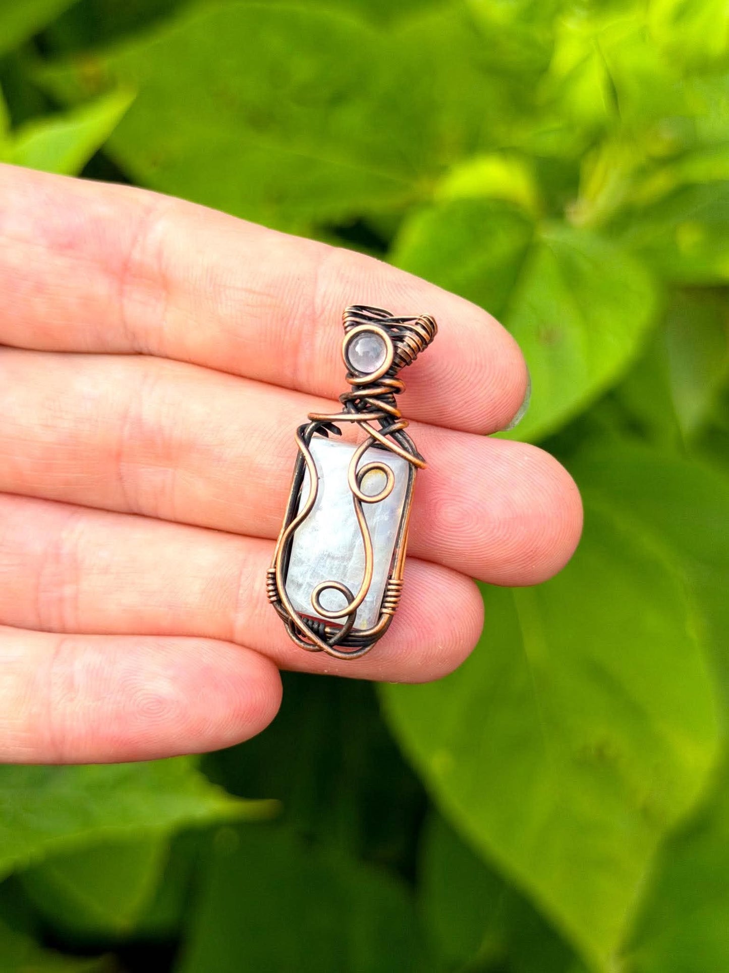 Mini Rainbow Moonstone Crystal Copper Pendant