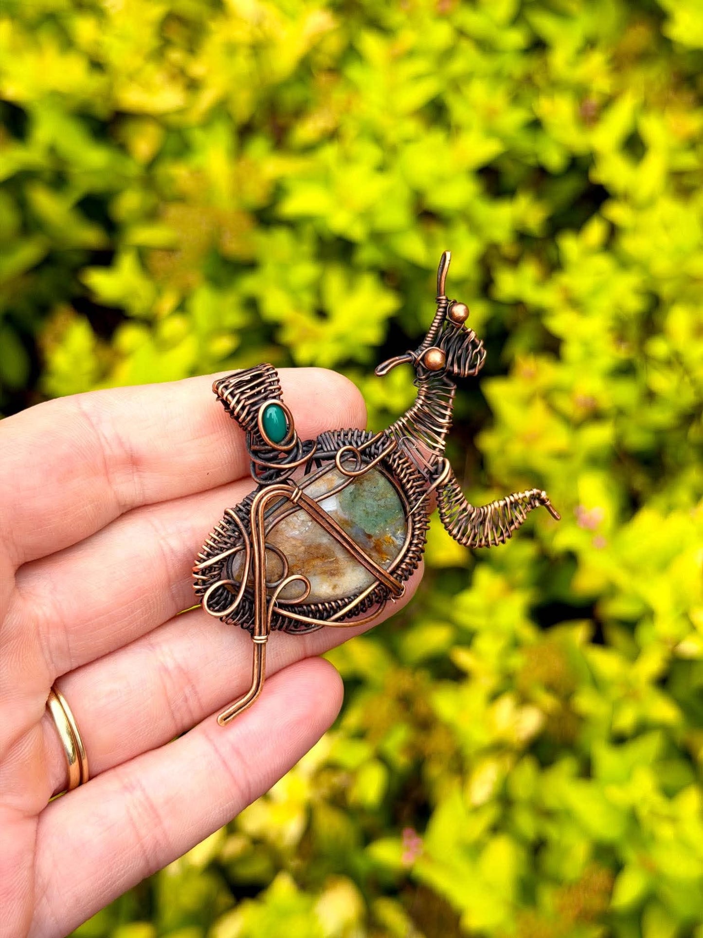 Praying Mantis Moss Agate with Emerald Accent Crystal Copper Pendant