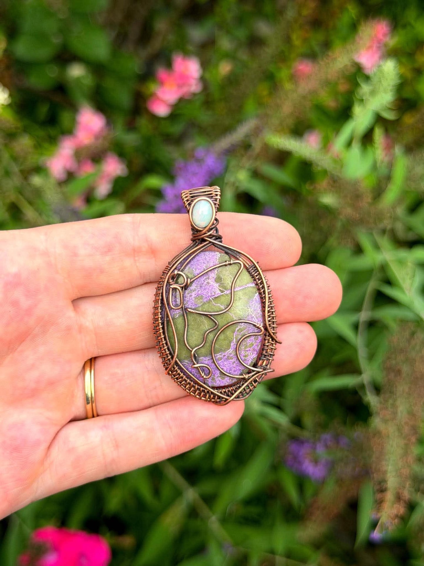 Luna Moth & Crescent Moon Purple & Green Stichtite with Opal Accent Crystal Copper Pendant