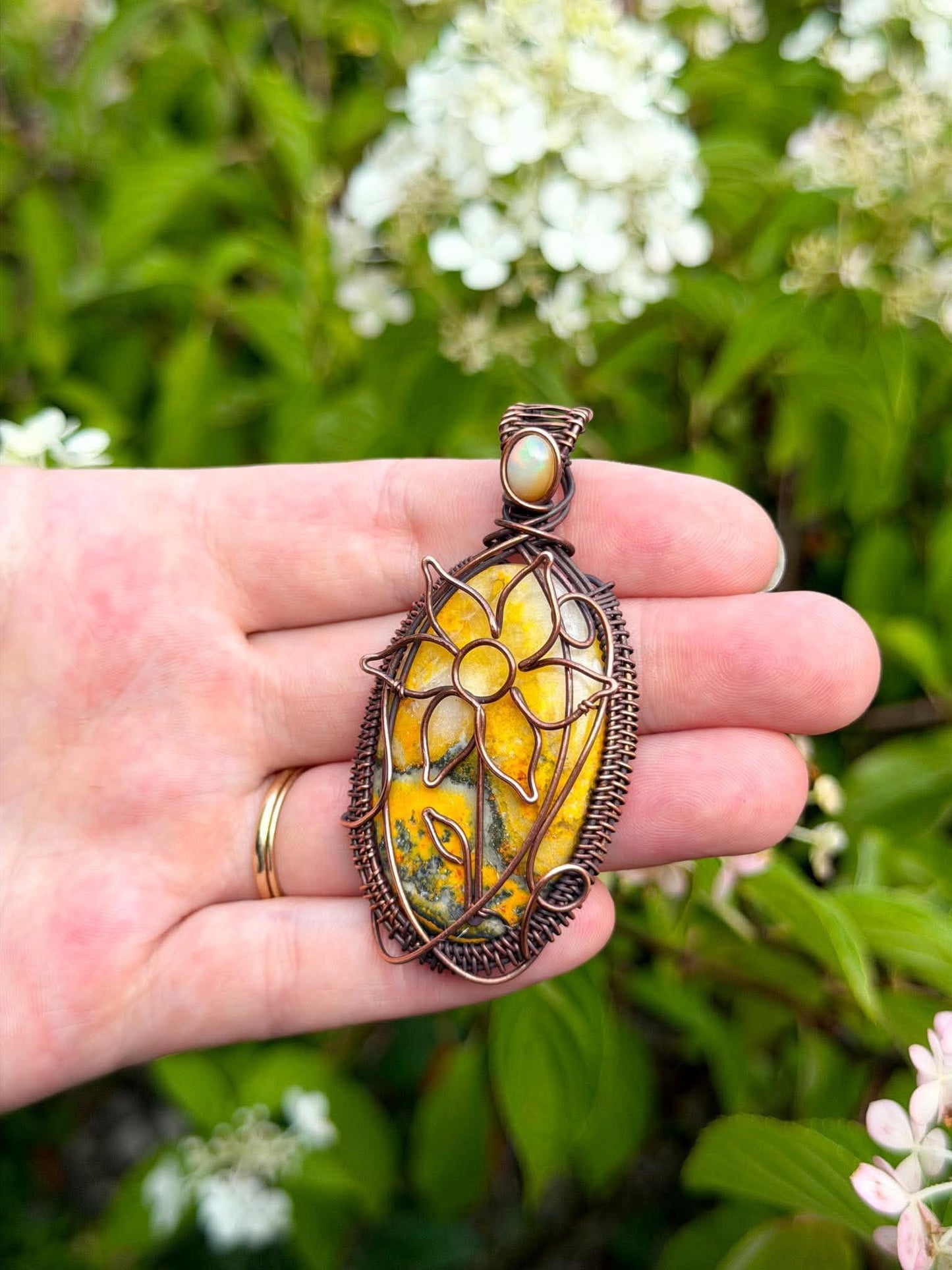 Sunflower Bumble Bee Jasper with Opal Accent Crystal Copper Pendant