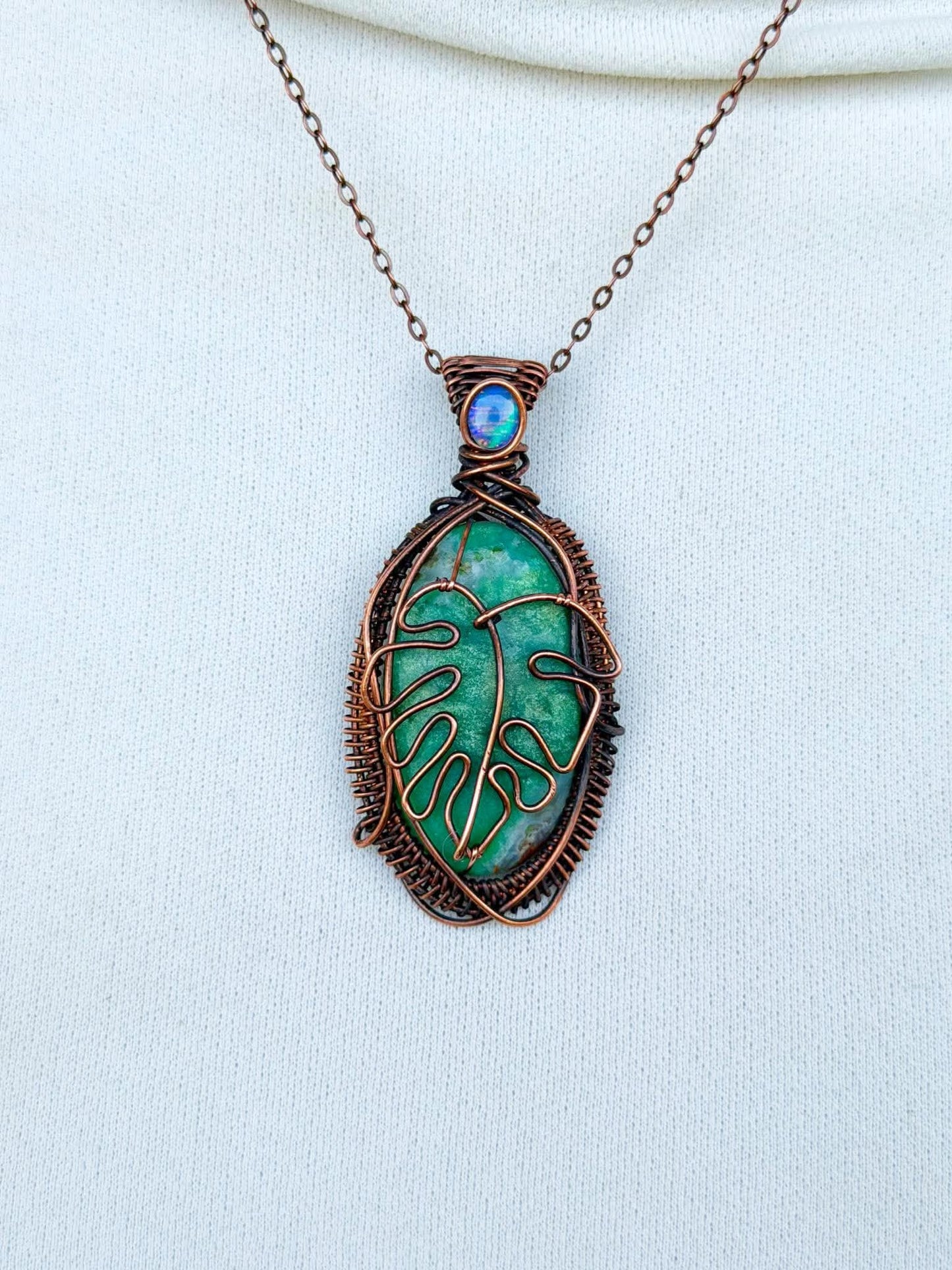 Monstera Green Aventurine with Opal Accent Crystal Copper Pendant