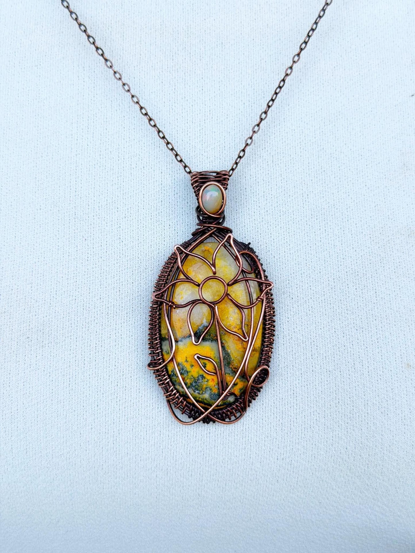 Sunflower Bumble Bee Jasper with Opal Accent Crystal Copper Pendant