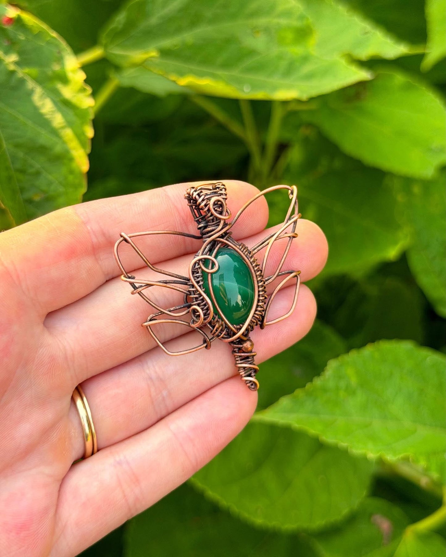 Dragon Fly Green Aventurine Crystal Copper Pendant