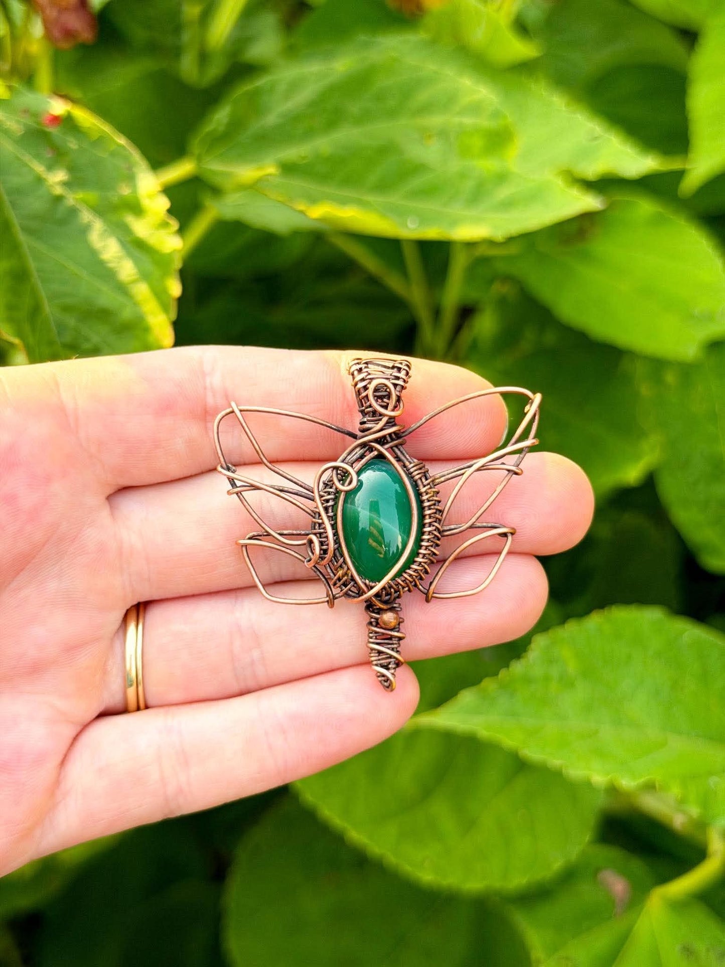 Dragon Fly Green Aventurine Crystal Copper Pendant