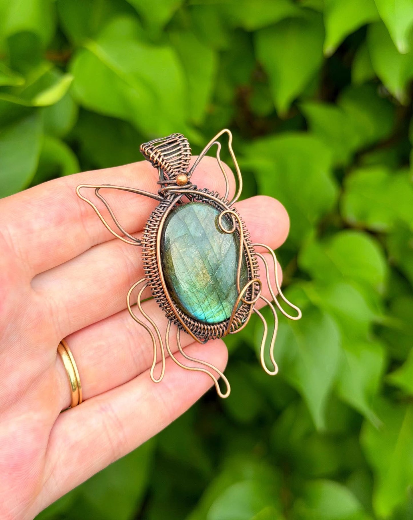Green June Beetle Labradorite Crystal Copper Pendant
