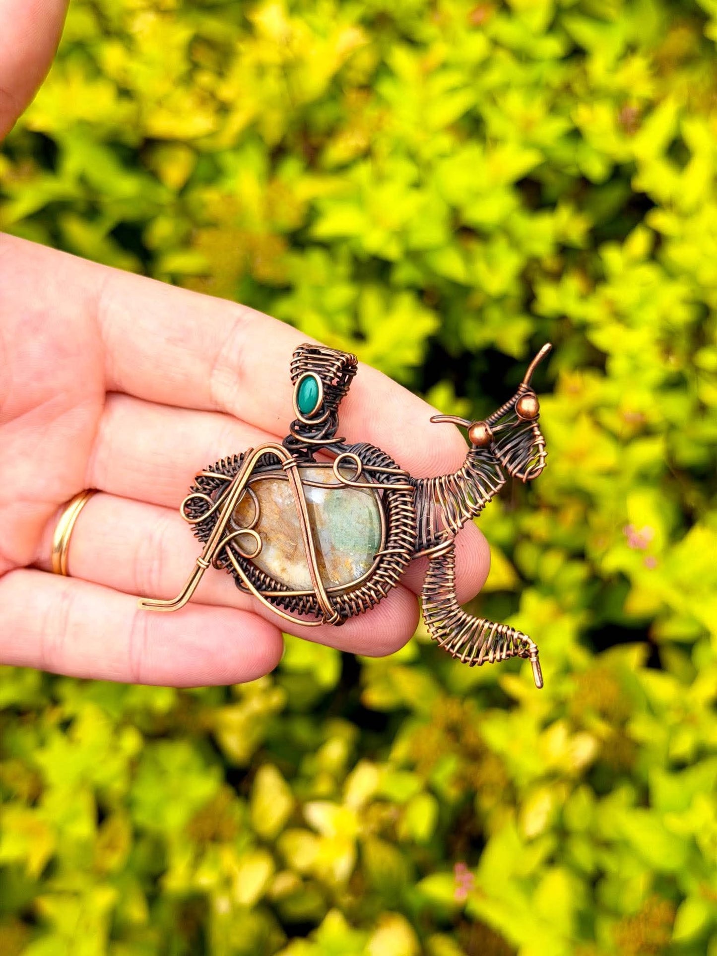 Praying Mantis Moss Agate with Emerald Accent Crystal Copper Pendant