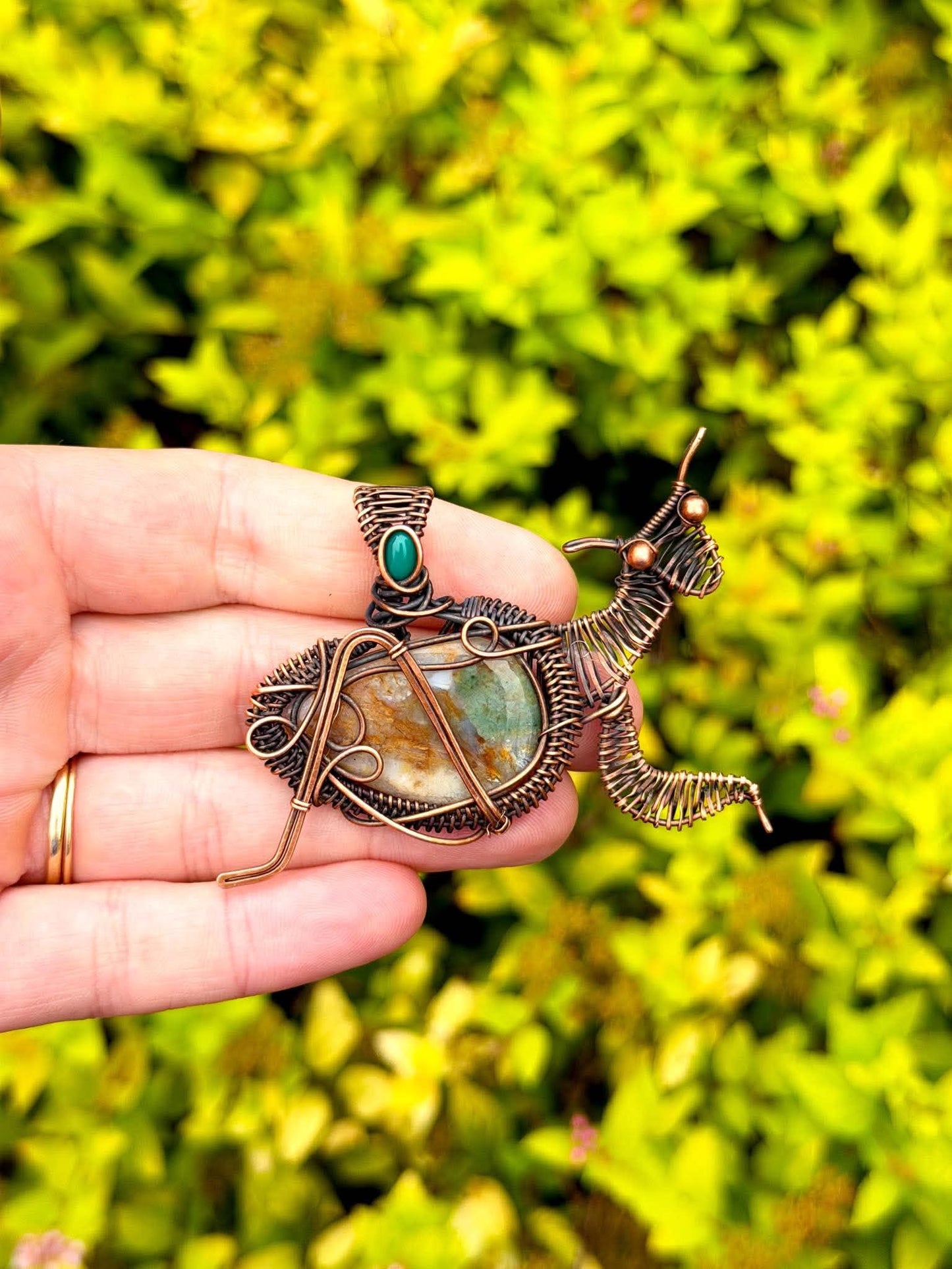 Praying Mantis Moss Agate with Emerald Accent Crystal Copper Pendant