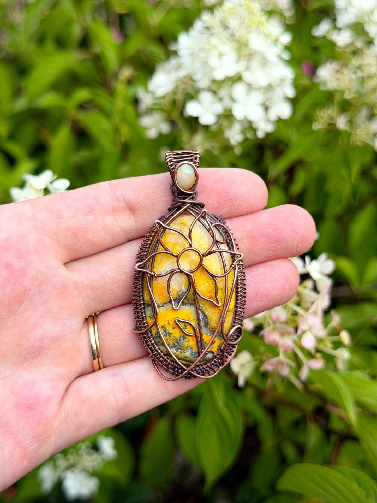 Sunflower Bumble Bee Jasper with Opal Accent Crystal Copper Pendant