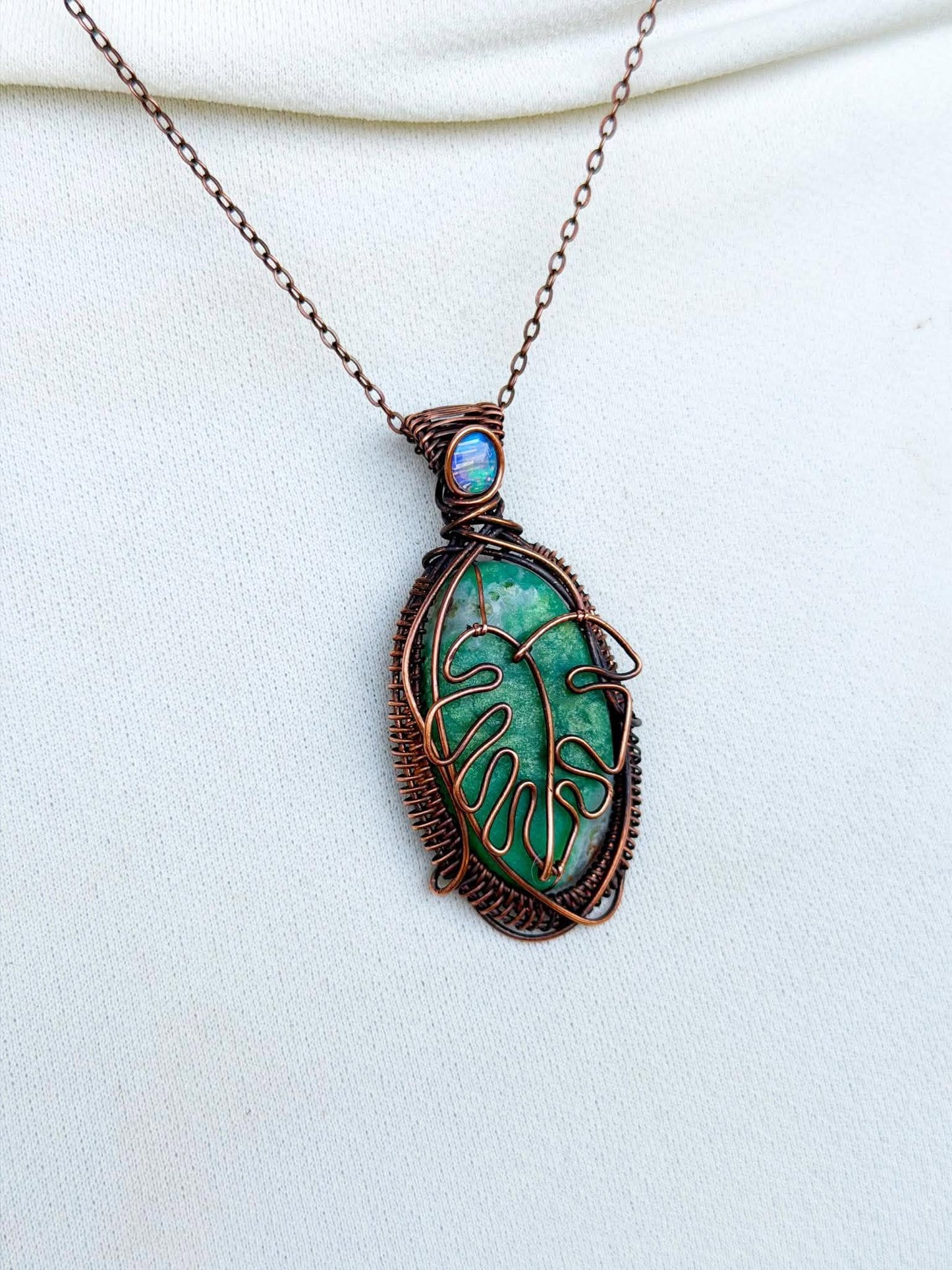 Monstera Green Aventurine with Opal Accent Crystal Copper Pendant