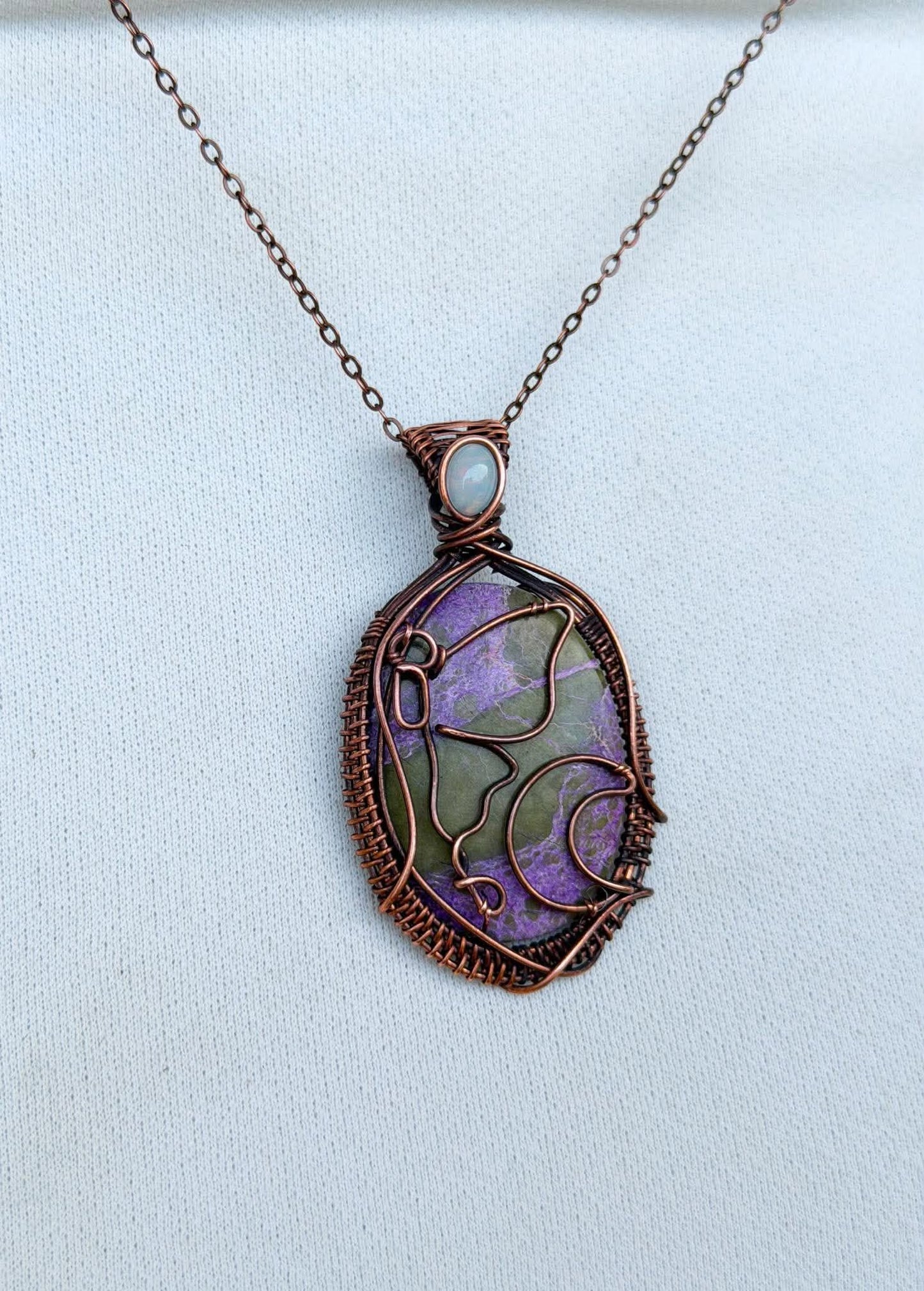 Luna Moth & Crescent Moon Purple & Green Stichtite with Opal Accent Crystal Copper Pendant