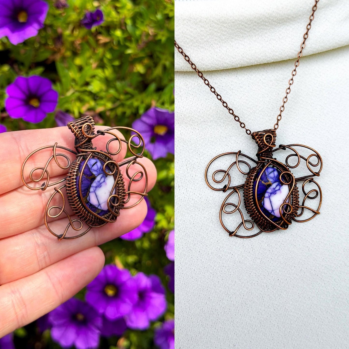 Southern Purple Mint Moth Purple Copper with Opal Accent Crystal Copper Pendant