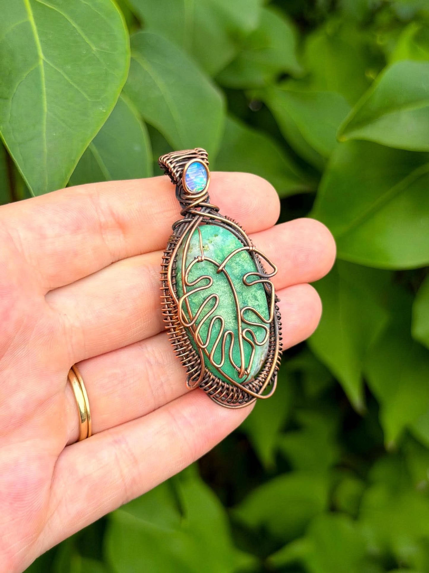 Monstera Green Aventurine with Opal Accent Crystal Copper Pendant