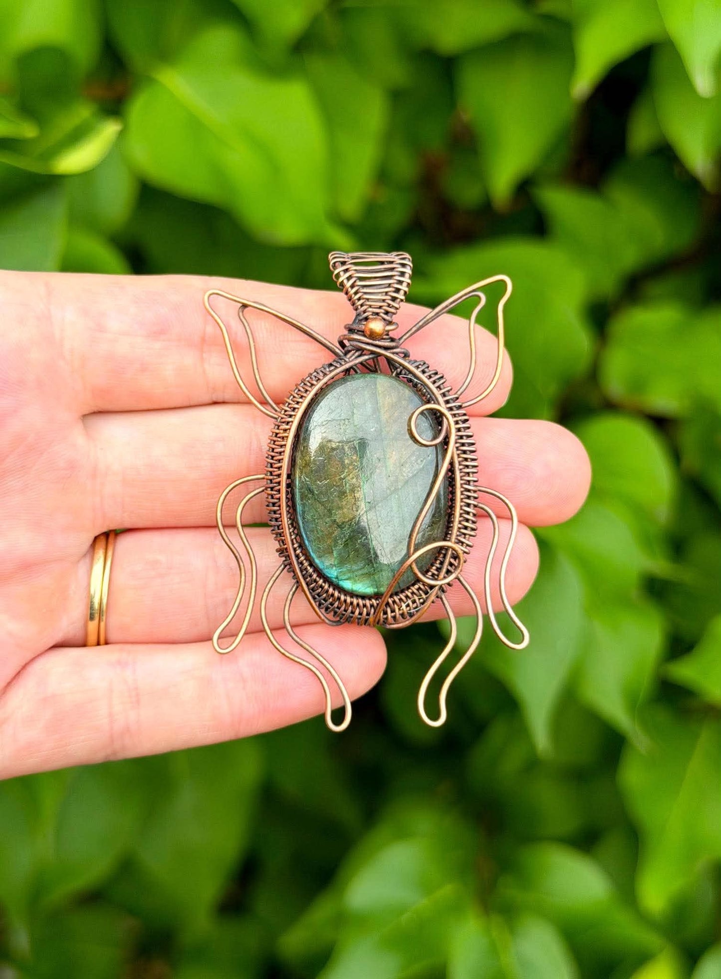Green June Beetle Labradorite Crystal Copper Pendant