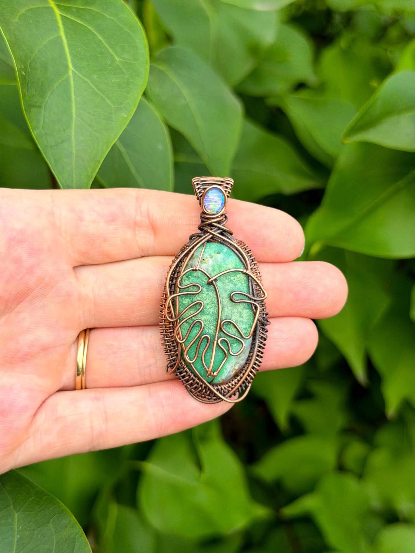Monstera Green Aventurine with Opal Accent Crystal Copper Pendant