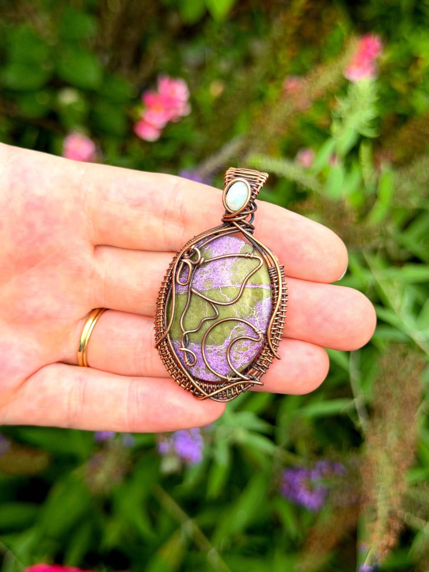 Luna Moth & Crescent Moon Purple & Green Stichtite with Opal Accent Crystal Copper Pendant