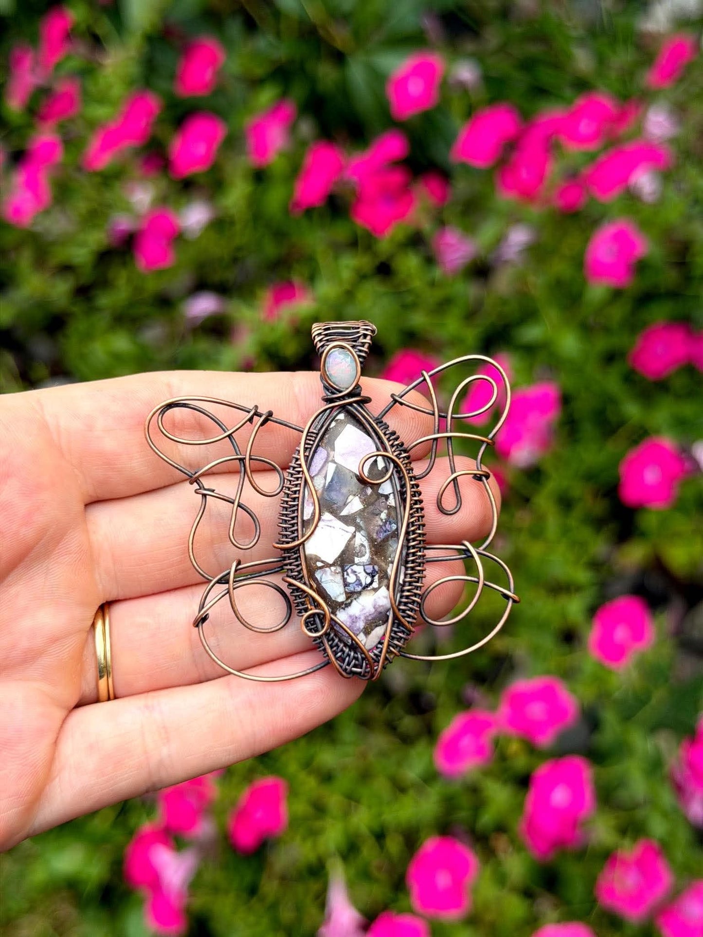 Purple Emperor Butterfly Tiffany Stone with Opal Accent Crystal Copper Pendant