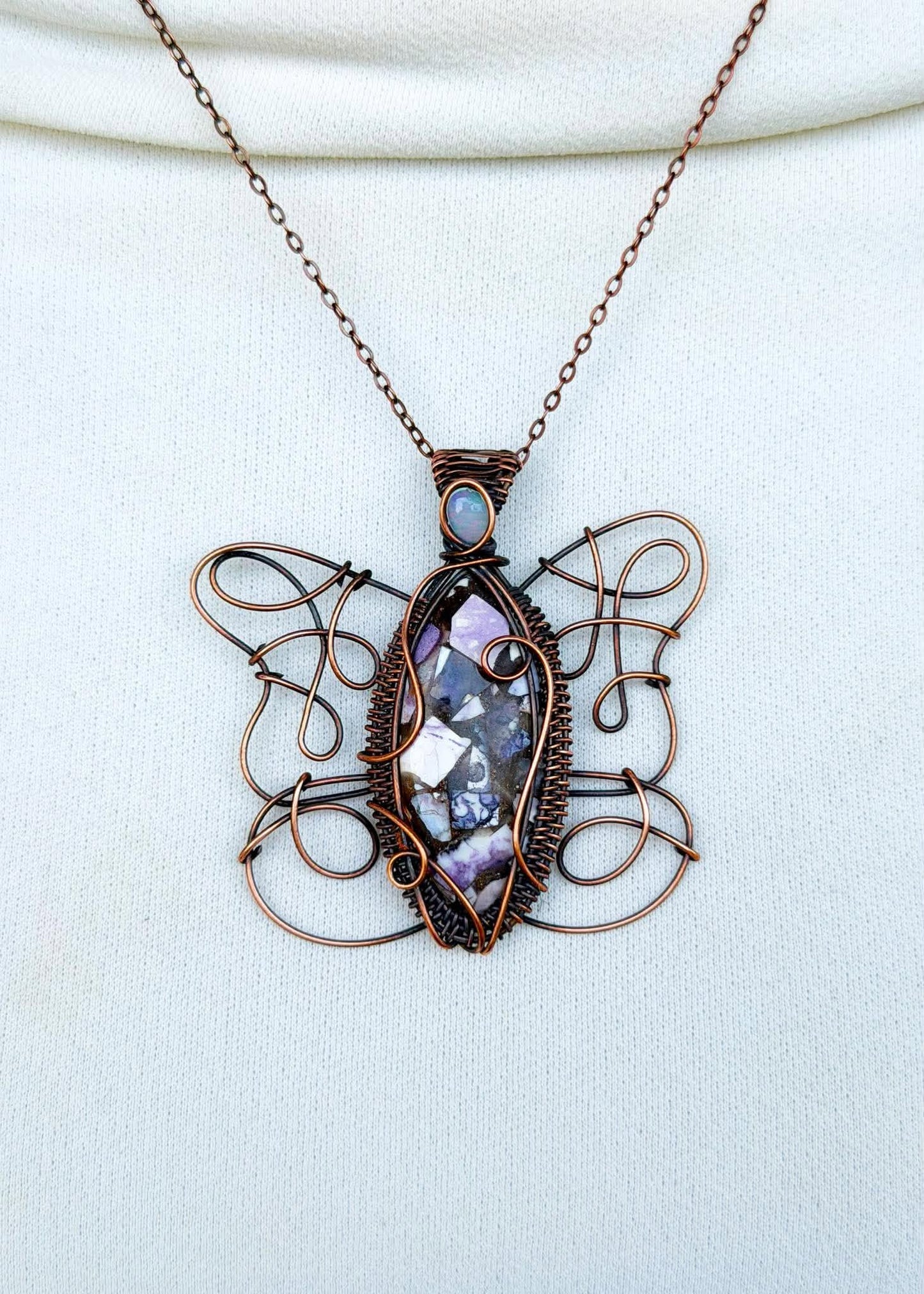 Purple Emperor Butterfly Tiffany Stone with Opal Accent Crystal Copper Pendant