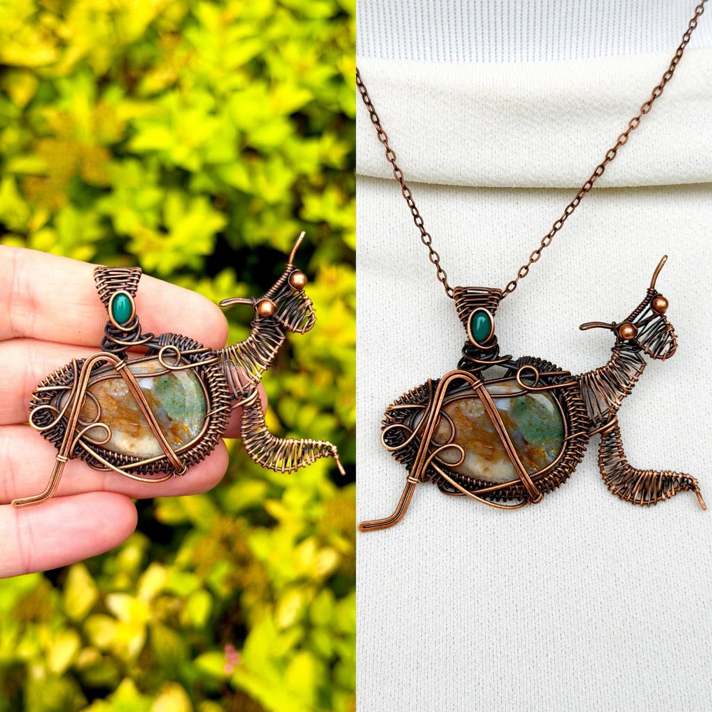Praying Mantis Moss Agate with Emerald Accent Crystal Copper Pendant