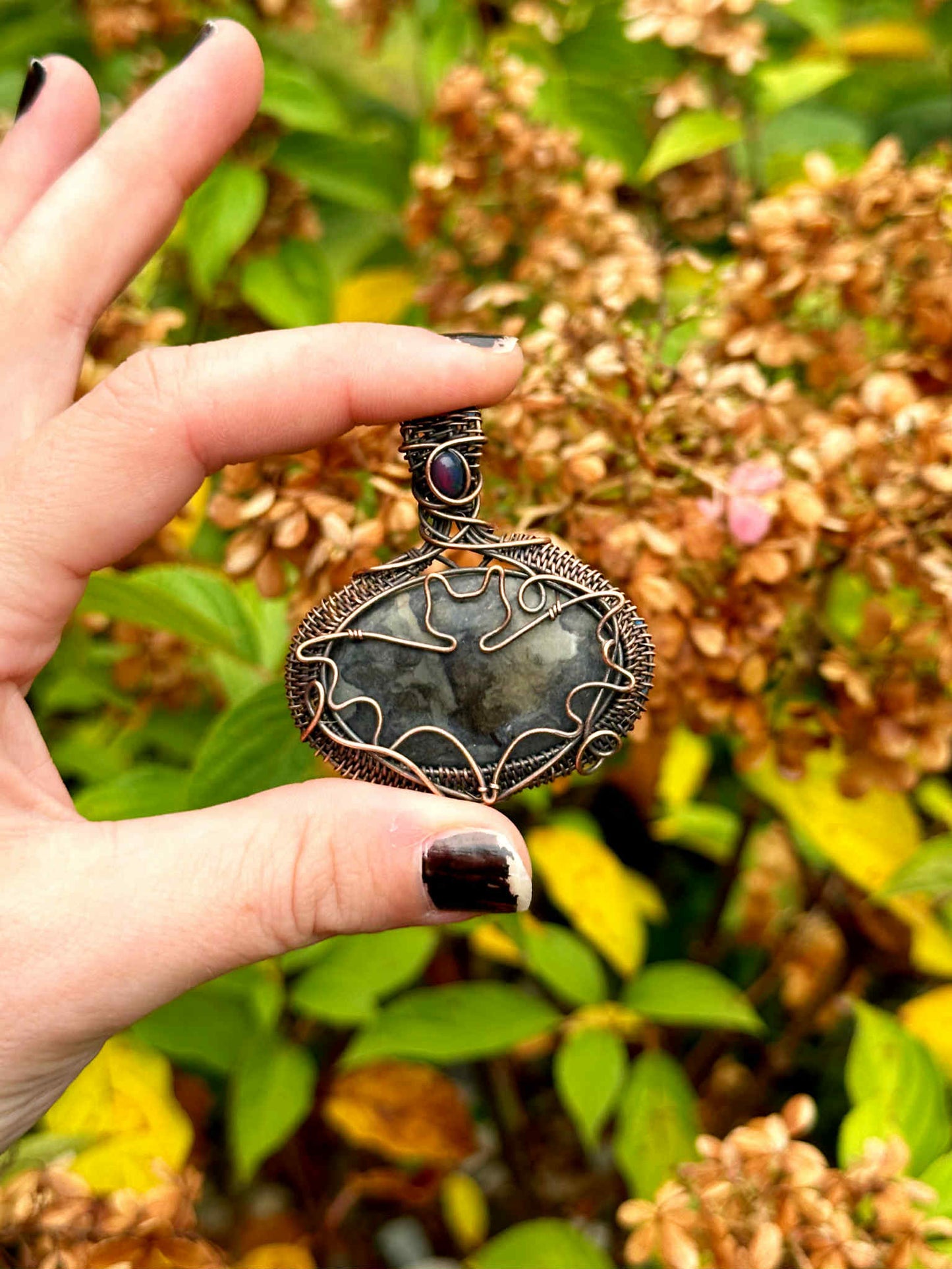 Bat Black Cobalt & Black Mexican Opal Crystal Copper Pendant